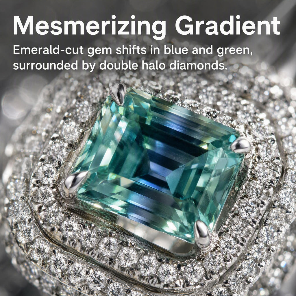 Minimalist Luxury Ocean‑Blue Moissanite Ring, Emerald‑Cut. HR036