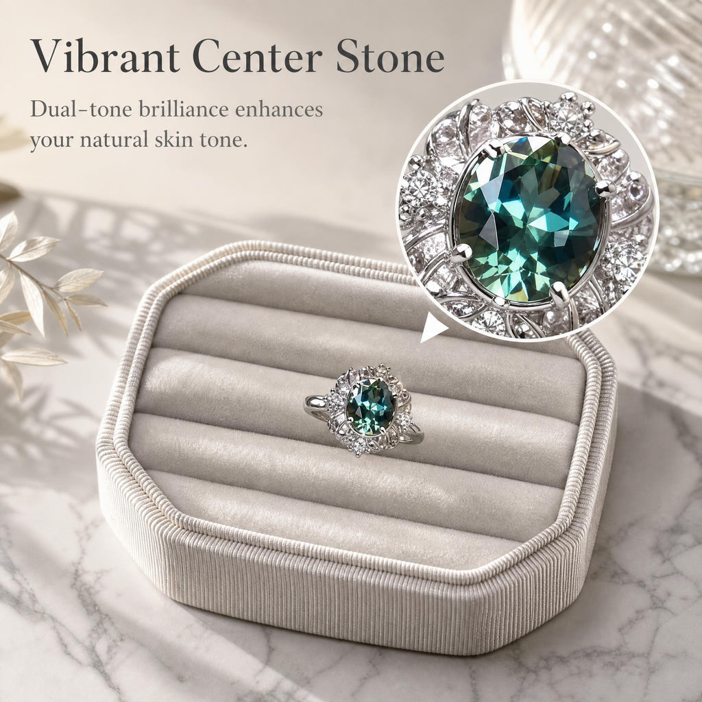 Elegant & Sophisticated Green Moissanite Ring, Oval‑cut. HR030